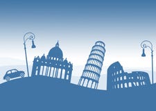 Monumentos italianos, Italia Coche y farolas viejos stock de ilustración Monumentos italianos, Italia Coche y farolas viejos stock de ilustración