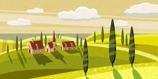 Mooi platteland, landbouwbedrijf, dorp, weidende koeien, schapen, bloemen, wolken, Beeldverhaalstijl, vectorillustratie vector illustratie Mooi platteland, landbouwbedrijf, dorp, weidende koeien, schapen, bloemen, wolken, Beeldverhaalstijl, vectorillustratie vector illustratie