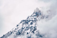 Mooi schot van een bewolkte die berg in sneeuw met grijze hemel wordt behandeld royalty-vrije stock fotografie Mooi schot van een bewolkte die berg in sneeuw met grijze hemel wordt behandeld royalty-vrije stock fotografie