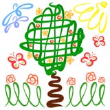 Mooie aard, een tot bloei komende boom met vruchten, bloemen en vlieg vector illustratie Mooie aard, een tot bloei komende boom met vruchten, bloemen en vlieg vector illustratie
