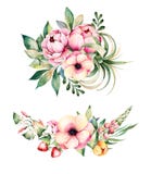 2 mooie boeketten met bloem, pioenen, bladeren, gebiedswinde, takken, lupine, luchtinstallatie, aardbei en meer stock illustratie 2 mooie boeketten met bloem, pioenen, bladeren, gebiedswinde, takken, lupine, luchtinstallatie, aardbei en meer stock illustratie