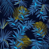Mooie Naadloze monotone blauwe en gele tropica van de de Zomernacht vector illustratie Mooie Naadloze monotone blauwe en gele tropica van de de Zomernacht vector illustratie