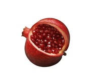 Mooie rode gesneden granaatappel op een wit geïsoleerde achtergrond Granaatappelfruit met rode glanzende granaatparels in plaats stock foto Mooie rode gesneden granaatappel op een wit geïsoleerde achtergrond Granaatappelfruit met rode glanzende granaatparels in plaats stock foto