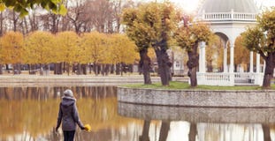 Mooie vrouw die in park loopt Meisje over seizoengebonden de herfstachtergrond Royalty-vrije Stock Afbeelding Mooie vrouw die in park loopt Meisje over seizoengebonden de herfstachtergrond Royalty-vrije Stock Afbeelding