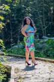 Mooie vrouw in een blauwe kleding met multicolored decoratie op een steenweg in het park stock afbeelding Mooie vrouw in een blauwe kleding met multicolored decoratie op een steenweg in het park stock afbeelding