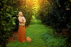 Mooie vrouw met mand fruit in boomgaard royalty-vrije stock afbeelding Mooie vrouw met mand fruit in boomgaard royalty-vrije stock afbeelding