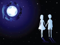 Moon And Romantic Couples Stock Images