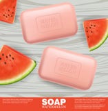 Moquerie réaliste de vecteur de saveur de savon ou de pastèque de lotion Conception de label de placement de produit Fond rose 3 illustration de vecteur Moquerie réaliste de vecteur de saveur de savon ou de pastèque de lotion Conception de label de placement de produit Fond rose 3 illustration de vecteur
