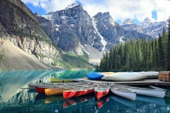 Moraine Lake In The Rocky Mountains, Alberta, Canada Stock Photos Moraine Lake In The Rocky Mountains, Alberta, Canada Stock Photos