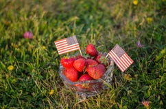 Morangos em uma bacia com bandeiras americanas foto de stock Morangos em uma bacia com bandeiras americanas foto de stock
