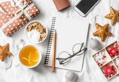 Morning Breakfast Christmas Inspiration Planning Concept. Yoghurt With Whole Grain Cereal And Tea With Lemon, Christmas Decoration Stock Image Morning Breakfast Christmas Inspiration Planning Concept. Yoghurt With Whole Grain Cereal And Tea With Lemon, Christmas Decoration Stock Image