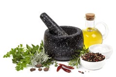 Mortar and Pestle with Herbs and Spices Royalty Free Stock Photos Mortar and Pestle with Herbs and Spices Royalty Free Stock Photos