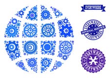 Mosaic Globe with Cogs and Rubber Stamps for Service stock illustration Mosaic Globe with Cogs and Rubber Stamps for Service stock illustration