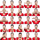 Mosaico da mulher com as sardas que expressam expressões diferentes das emoções A mulher com o t-shirt vermelho com 16 emoções di imagens de stock Mosaico da mulher com as sardas que expressam expressões diferentes das emoções A mulher com o t-shirt vermelho com 16 emoções di imagens de stock