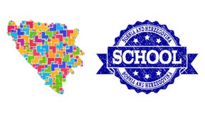 Mosaisk översikt av Bosnien och Hercegovina och texturerad skolaskyddsremsasammansättning vektor illustrationer Mosaisk översikt av Bosnien och Hercegovina och texturerad skolaskyddsremsasammansättning vektor illustrationer
