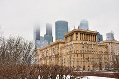 Moscow City business center in the fog, buildings in the fog stock photo Moscow City business center in the fog, buildings in the fog stock photo