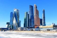 Moscow, Russia - February 14, 2019: Expocenter and Moscow International Business Center Moscow-City on a bright winter frosty day royalty free stock photography Moscow, Russia - February 14, 2019: Expocenter and Moscow International Business Center Moscow-City on a bright winter frosty day royalty free stock photography