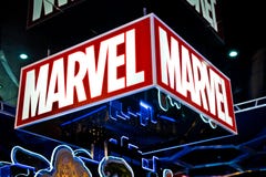 Marvel logo in Hamleys store. Marvel Comics Group is a publisher of American comic books and related media