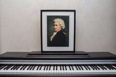 Mozart portrait on the piano. A composition of the composer portrait on the piano keyboard.