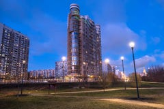 MOSCOW, RUSSIA,NOVEMBER,21.2018: Evening autumn view of the environmentally friendly comfortable residential district in Moscow. B stock images MOSCOW, RUSSIA,NOVEMBER,21.2018: Evening autumn view of the environmentally friendly comfortable residential district in Moscow. B stock images