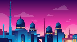 Moslimcityscape de Moskee van Nabawi de Nachtmening van de de Bouwgodsdienst vector illustratie Moslimcityscape de Moskee van Nabawi de Nachtmening van de de Bouwgodsdienst vector illustratie