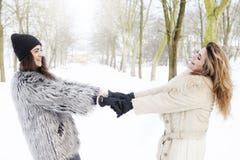 Mother and daughter holding hands in the snow stock photo Mother and daughter holding hands in the snow stock photo