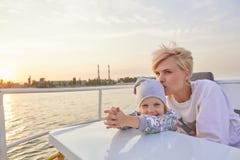 Mother, daughter on yacht or catamaran boat stock photos Mother, daughter on yacht or catamaran boat stock photos
