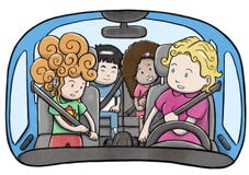 Mother and three children inside a car using safety belts and preparing to drive Royalty Free Stock Images Mother and three children inside a car using safety belts and preparing to drive Royalty Free Stock Images