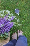 Motif d'une femme se tenant nu-pieds sur l'herbe, les fleurs sauvages et une tasse de café image stock Motif d'une femme se tenant nu-pieds sur l'herbe, les fleurs sauvages et une tasse de café image stock