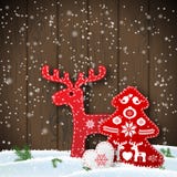 Motif de Noël dans les décorations folkloriques de style, rouges et blanches scandinaves devant le mur en bois, illustration Images stock Motif de Noël dans les décorations folkloriques de style, rouges et blanches scandinaves devant le mur en bois, illustration Images stock