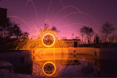 Motion blurred man are hurling Steel wool and sky violet color.