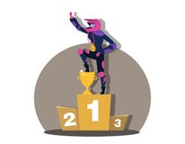 Motorcross участвуя в гонке победитель на трехуровневом подиуме с чашкой золота, медали иллюстрация штока Motorcross участвуя в гонке победитель на трехуровневом подиуме с чашкой золота, медали иллюстрация штока