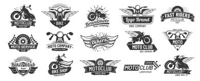 Motorcykelemblem Cyklistklubbaemblem, den best?llnings- reparationen f?r moped och hjulvingar f?rser med m?rke Retro motorcykelmo vektor illustrationer Motorcykelemblem Cyklistklubbaemblem, den best?llnings- reparationen f?r moped och hjulvingar f?rser med m?rke Retro motorcykelmo vektor illustrationer