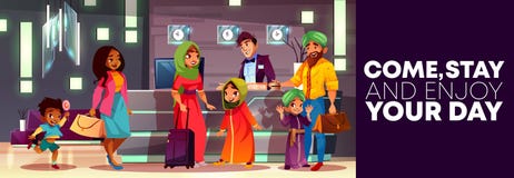 Mottagande för vektortecknad filmhotell med den arabiska familjen stock illustrationer Mottagande för vektortecknad filmhotell med den arabiska familjen stock illustrationer