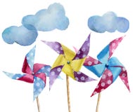 Moulins à vent de papier de point de polka d'aquarelle avec des nuages Moulin à vent tiré par la main de vintage avec la rétro co illustration libre de droits Moulins à vent de papier de point de polka d'aquarelle avec des nuages Moulin à vent tiré par la main de vintage avec la rétro co illustration libre de droits
