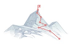 Mountain climbing route to peak. Business journey path in progress to success vector concept