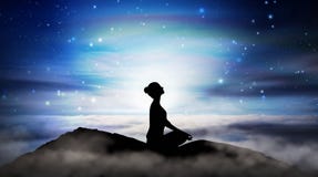 Mountain girl silhouette, meditation under stars