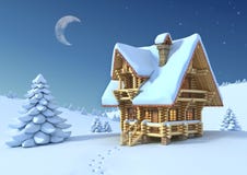 Mountain hut in the winter scene