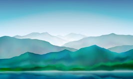 Mountain Lake Peaceful Landscape, Misty Calm Natural Background. Blue Mountain Hills Landscape. Vector Illustration Royalty Free Stock Photography Mountain Lake Peaceful Landscape, Misty Calm Natural Background. Blue Mountain Hills Landscape. Vector Illustration Royalty Free Stock Photography