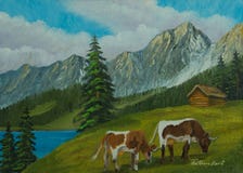 Mountain landscape with cows on a green meadow stock illustration Mountain landscape with cows on a green meadow stock illustration
