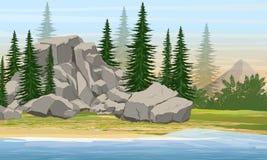 Mountain and spruce forest on the shore of a large lake or river vector illustration Mountain and spruce forest on the shore of a large lake or river vector illustration