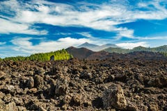Mountain Teide, partly covered by the clouds. Bright blue sky above the pine forest and lava rocks. Teide National Park, Tenerife royalty free stock photo Mountain Teide, partly covered by the clouds. Bright blue sky above the pine forest and lava rocks. Teide National Park, Tenerife royalty free stock photo