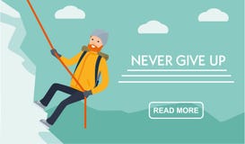 Mountain Tourism Banner.. Climber Climbs The Mountain. Never Give Up. Flat Cartoon Illustration Vector Set. Active Sport Royalty Free Stock Images Mountain Tourism Banner.. Climber Climbs The Mountain. Never Give Up. Flat Cartoon Illustration Vector Set. Active Sport Royalty Free Stock Images
