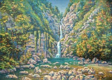 Mountainous summer landscape with a three-stage waterfall Nameless. Sochi National Park. Author: Nikolay Sivenkov. stock illustration Mountainous summer landscape with a three-stage waterfall Nameless. Sochi National Park. Author: Nikolay Sivenkov. stock illustration