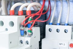 On the mounting panel in the electrical Cabinet there are installed circuit breakers protect the motor. Circuit breakers protect m royalty free stock photos On the mounting panel in the electrical Cabinet there are installed circuit breakers protect the motor. Circuit breakers protect m royalty free stock photos