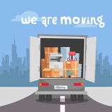 Mover-se incorporado no escritório novo Internamento de negócio no lugar novo Coisas na caixa no grupo do caminhão caminhão com i ilustração do vetor Mover-se incorporado no escritório novo Internamento de negócio no lugar novo Coisas na caixa no grupo do caminhão caminhão com i ilustração do vetor