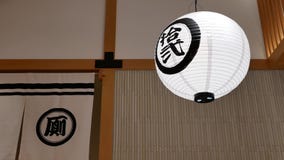Movimento da lanterna de papel da bola da decoração que pendura no telhado dentro de um restaurante japonês filme Movimento da lanterna de papel da bola da decoração que pendura no telhado dentro de um restaurante japonês filme