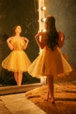 A moça bonita em um vestido de noite do ouro está em um tapete da pele perto de um grande espelho em um quadro com luzes e olhare foto de stock A moça bonita em um vestido de noite do ouro está em um tapete da pele perto de um grande espelho em um quadro com luzes e olhare foto de stock
