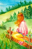 A moça bonita senta-se na cerca e nos olhares na paisagem e nas montanhas rurais, campos, florestas ilustração do vetor A moça bonita senta-se na cerca e nos olhares na paisagem e nas montanhas rurais, campos, florestas ilustração do vetor