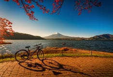 MT Fuji over Meer Kawaguchiko met fiets en de herfstgebladerte a stock foto MT Fuji over Meer Kawaguchiko met fiets en de herfstgebladerte a stock foto